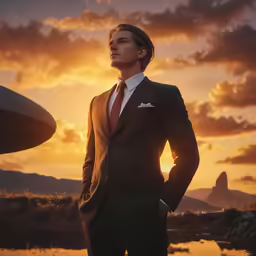 a male in a suit standing with his hand on his hip