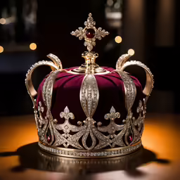 a golden crown sits atop a red velvet case