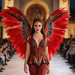the model wears an elaborate red and gold wings