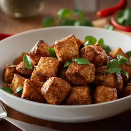 a bowl of tofu with herbs and mint garnish