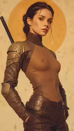 a lady with a gun is standing in front of the sun