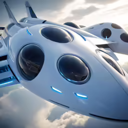 this futuristic flying vehicle has round spoke wheels and a nose