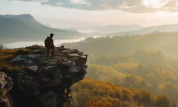 a person standing on a mountain top above a valley