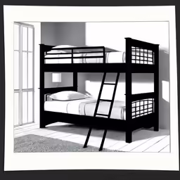 a black bunk bed with ladders in a room