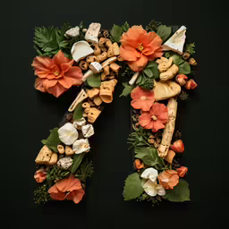 a letter made up of assorted vegetables and fruits