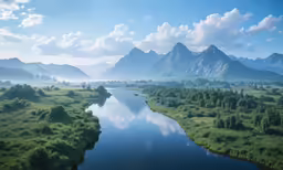 a lake surrounded by mountains and trees under a cloudy sky