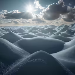 the sun shines through some fluffy clouds over snow