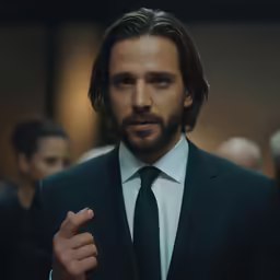 man with long hair wearing a black suit and tie