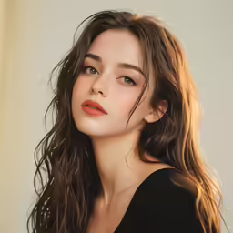 an attractive woman with long brown hair is posing for the camera
