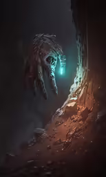 hand reaching up out of a cave at night
