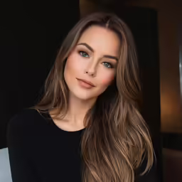a woman with long hair and a black top