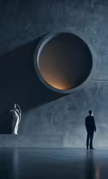 a man stands in front of a giant black object
