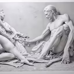 two people standing around each other while sitting on some towels