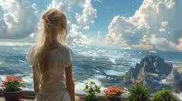 a woman standing on top of a hillside looking at a lake,a girl looking at the mountain over looking something