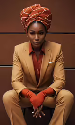 a woman wearing a suit and red tie sits in front of a brown wall