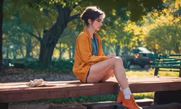 the young woman in yellow is sitting on the bench,a woman sitting on a bench in the park
