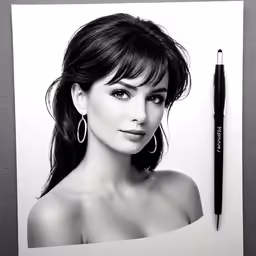 a girl with black hair next to a black and white photo