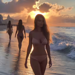 a woman in a bikini walking on the beach,two beautiful women walking on the beach near the water