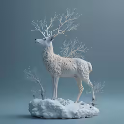 the deer has white fur and branches on his head