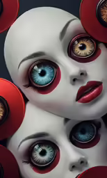 a doll with blue eyes surrounded by red circles