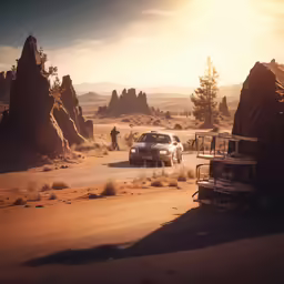 car parked on dirt road surrounded by mountains and desert