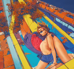 a painting of a woman in glasses laying on a bench,a picture of a nude woman sitting on a bench