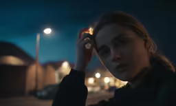 a girl is looking away from the camera at night