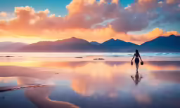 a woman walking along a beach next to mountains