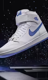 a white and blue sneaker on display