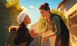 two women in head wraps stand next to each other