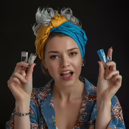 a woman in blue shirt holding two pieces of silver