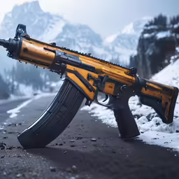 a very big yellow and black rifle sitting in the road