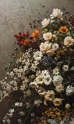 an array of flowers and plants on a grey surface
