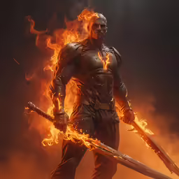 a man holding two large swords while standing on fire