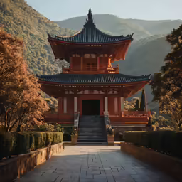 the building has stairs and is red and gold