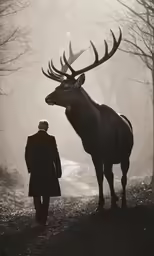a man standing near a large elk in a forest
