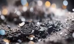 an analog watch with the sun in it, sitting on rocks