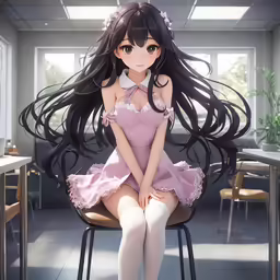 an anime girl in a pink dress sits on a chair with long hair