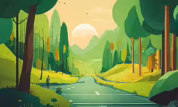 the landscape shows an illustration of a green road and lots of trees,a poster depicting a man walking on the road