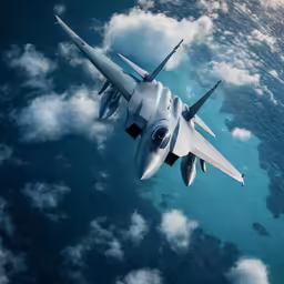 a jet airplane flies over the ocean waters