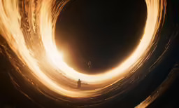 a man standing inside of a big orange disk