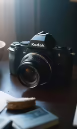 a camera on a table near a bowl with cookies