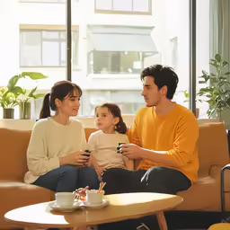 the family sits on a couch and enjoys coffee together