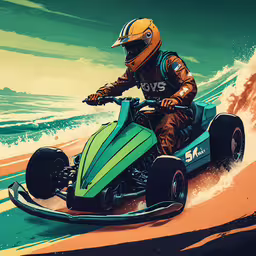 a painting of a man riding a kart,a person in orange and yellow clothing riding a blue toy car