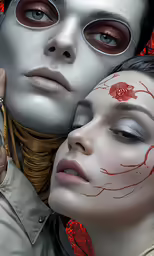two people that have faces painted in white and red