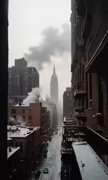 snow covering the ground near buildings and cars