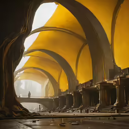 a giant room with arches and yellow walls