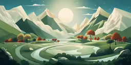 the landscape in the background shows mountains and rivers