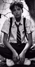 a teenage boy with suspenders and tie sitting on a bench,a young man is posing for a photo while wearing suspenders