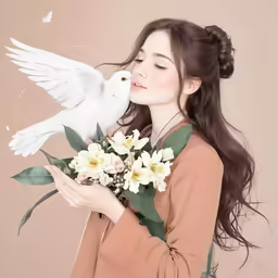 a beautiful woman is holding a bunch of flowers and a white dove